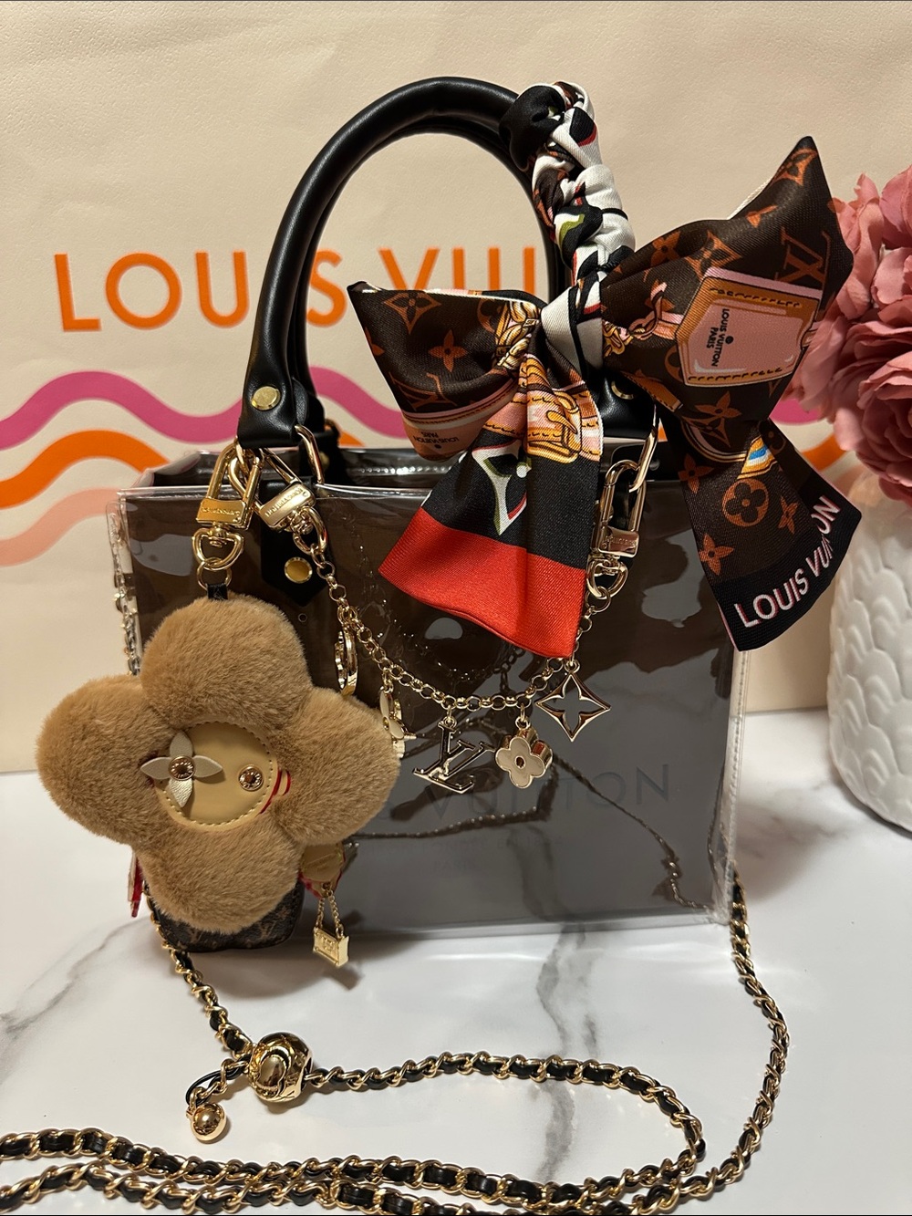 Vintage Louis Vuitton Chocolate Gift Bag Tote
with Bag Charm,Scarf & Key
Chain,,